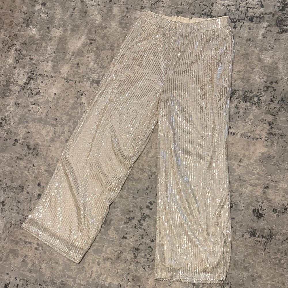 Gold/Cream sequin flare pants Size Large Fits like a size 10-12